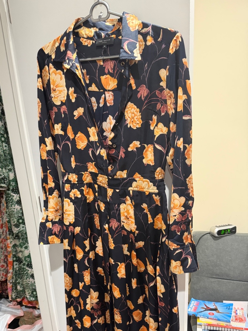 Ted Baker Black Long-Sleeve Floral Wrap Dress with Mustard Blooms